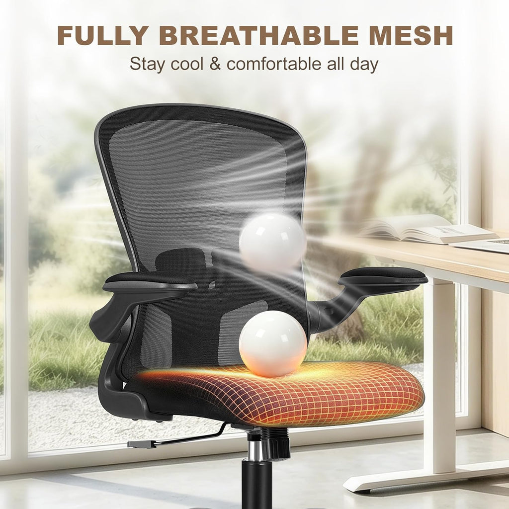 FelixKing Office Chair, Ergonomic Desk Chair with Wheels, Adjustable Lumbar Support & Height, 360° Swivel Mesh Computer Chair with Flip-up Arms (Black)