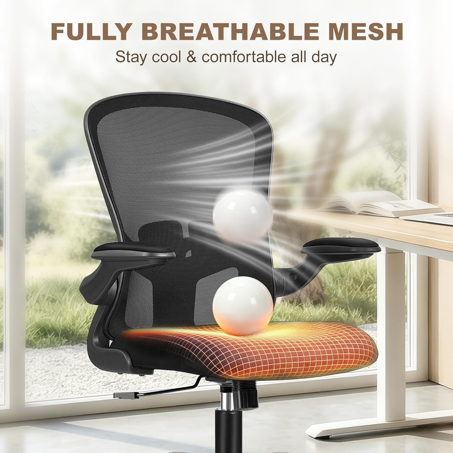 FelixKing Office Chair, Ergonomic Desk Chair with Wheels, Adjustable Lumbar Support & Height, 360° Swivel Mesh Computer Chair with Flip-up Arms (Black)