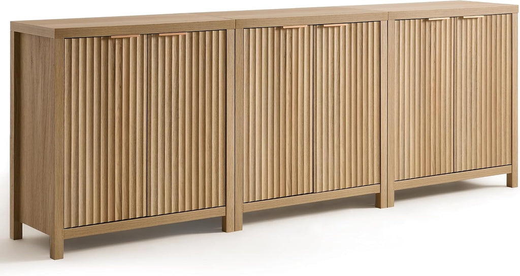 OAKHAM HOME Oxford Storage Cabinet Fluted Sideboard Buffet with Adjustable Shelves, Modern Accent Console Set of 3 (Golden Oak)