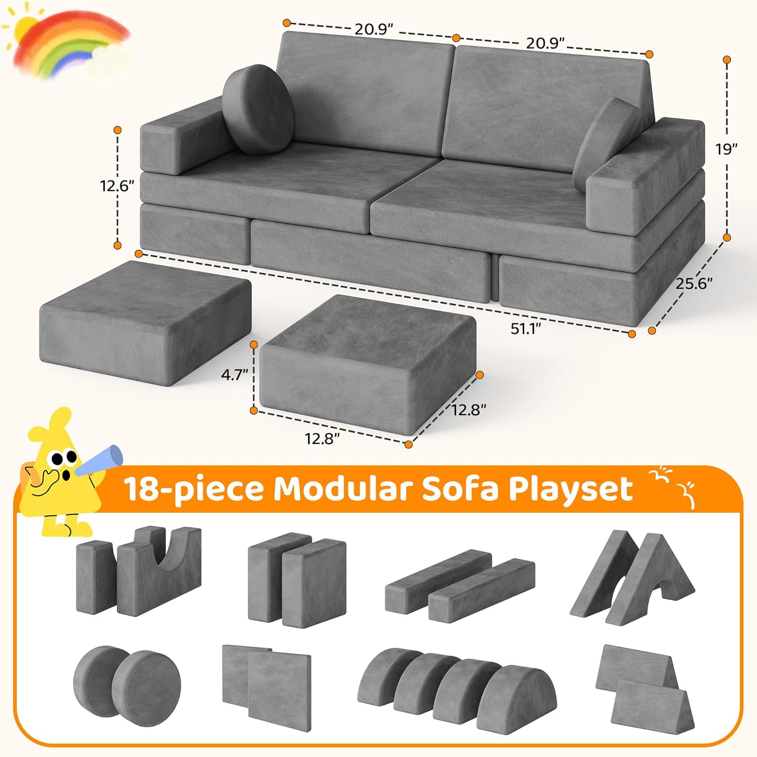 GITAWUSA 18Pcs Play Couch for Kids,Modular Kids Play Couch for Playroom Bedroom Living Room，Multifunctional Convertible Sofa for Boys & Girls