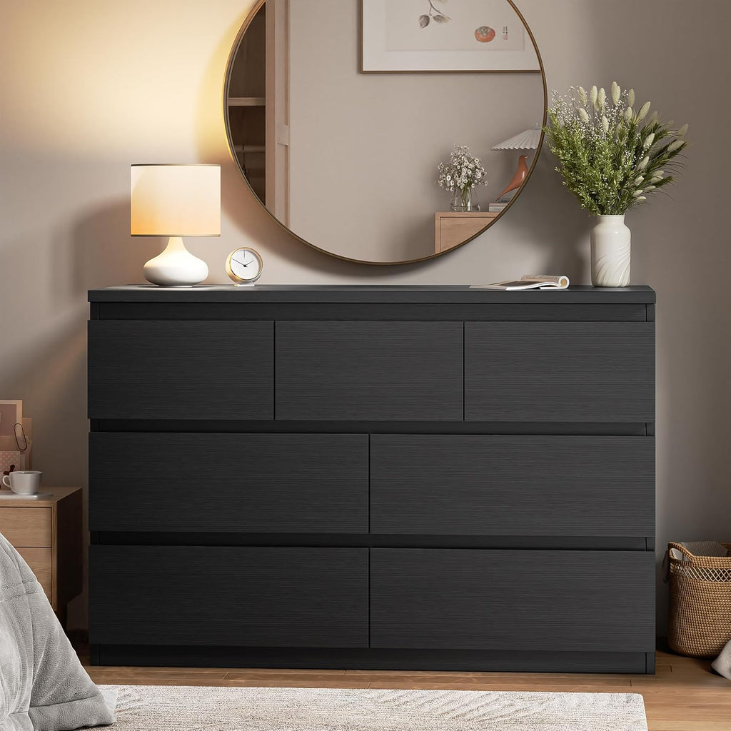 Black 7 Drawer Dresser for Bedroom,Modern Wood Chest of Drawers,Closet Clothes Storage Organizer with Deep Drawers for Living Room Hallway Entryway,Nursery (15.3" D x 47.2" W x 32.3" H)