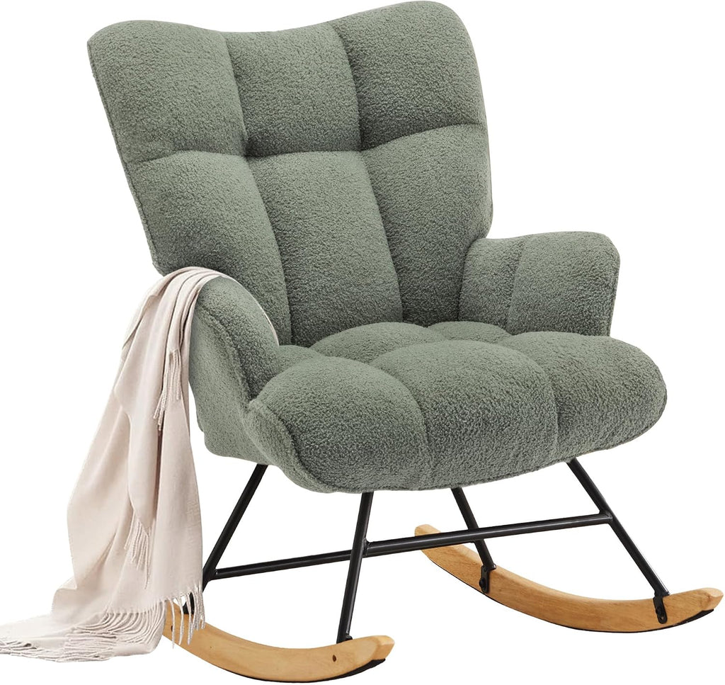 Rocking Chair Nursery Teddy Upholstered Glider Rocker Rocking Accent Chair Padded Seat with High Backrest Comfy Armchair Side Chair for Living Room Bedroom (Sagegreen Teddy)