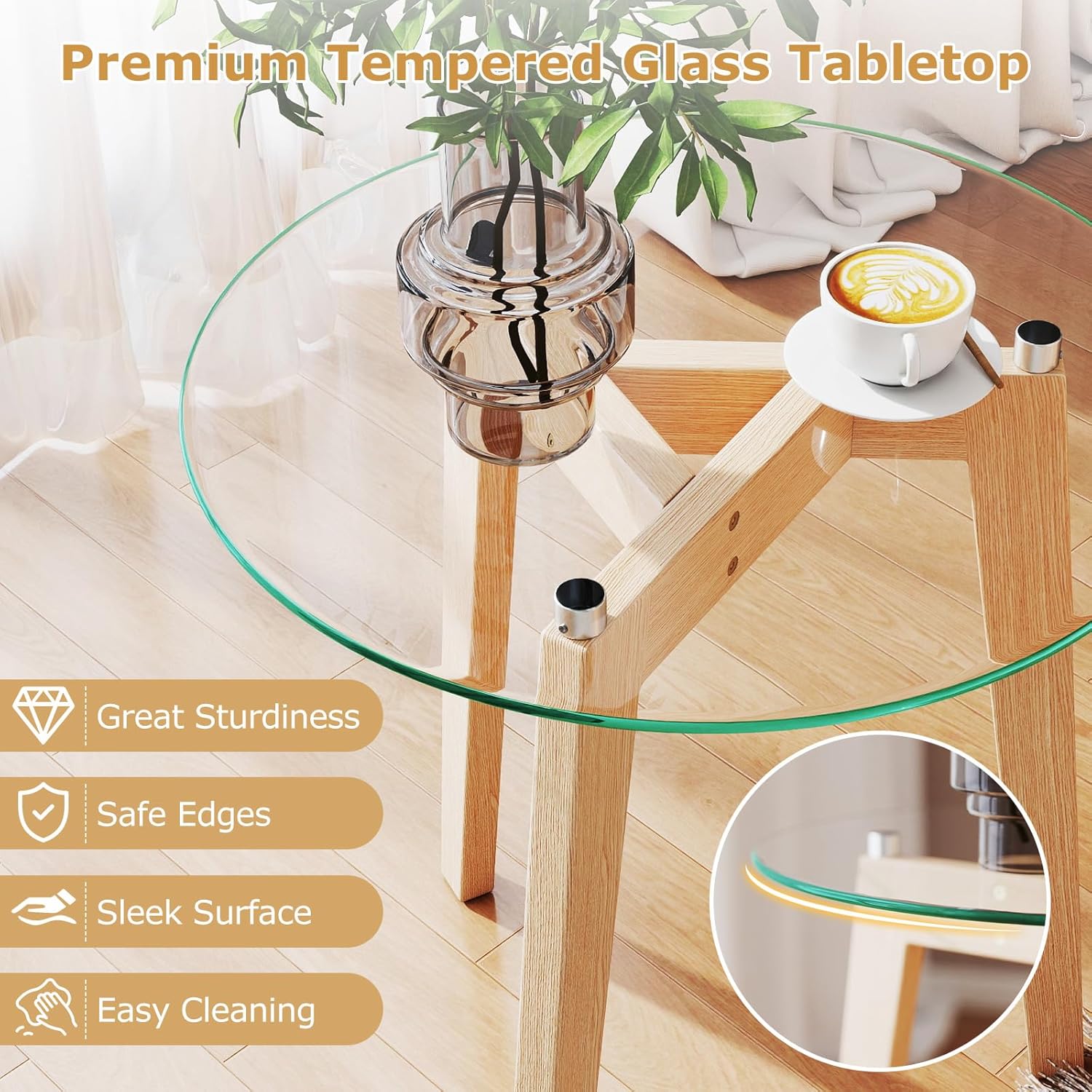 GOFLAME Glass End Table, 21” Round Couch Sofa Side Table with Solid Rubber Wood Frame & Tempered Glass Top, Modern Bedside Tables, Compact Circle Nightstand for Living Room, Bedroom, Natural (1)