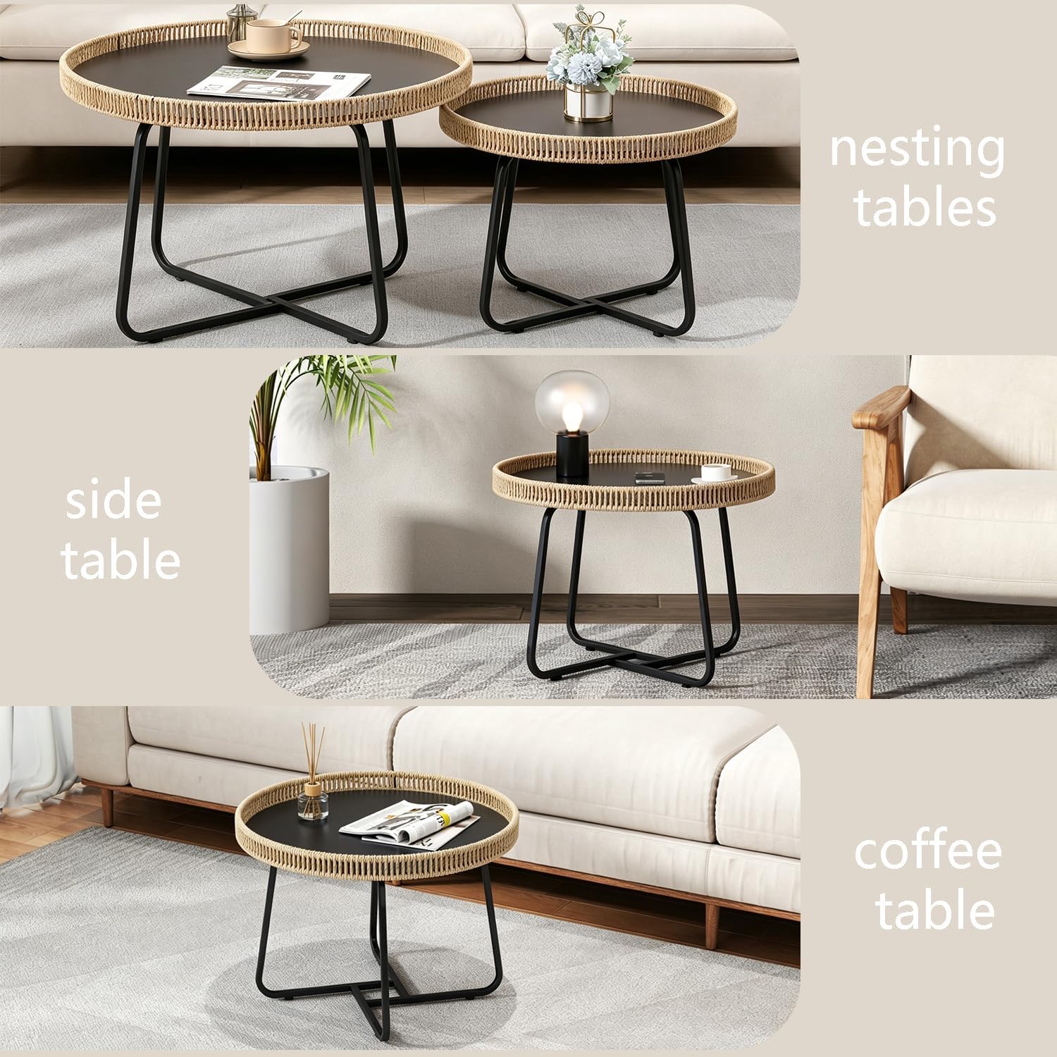 Small Round Nesting Coffee Table Set of 2, Woven Nesting Side Tables with Metal Frame, Modern Circle End Tables for Living Room Bedroom Office Balcony Outdoor