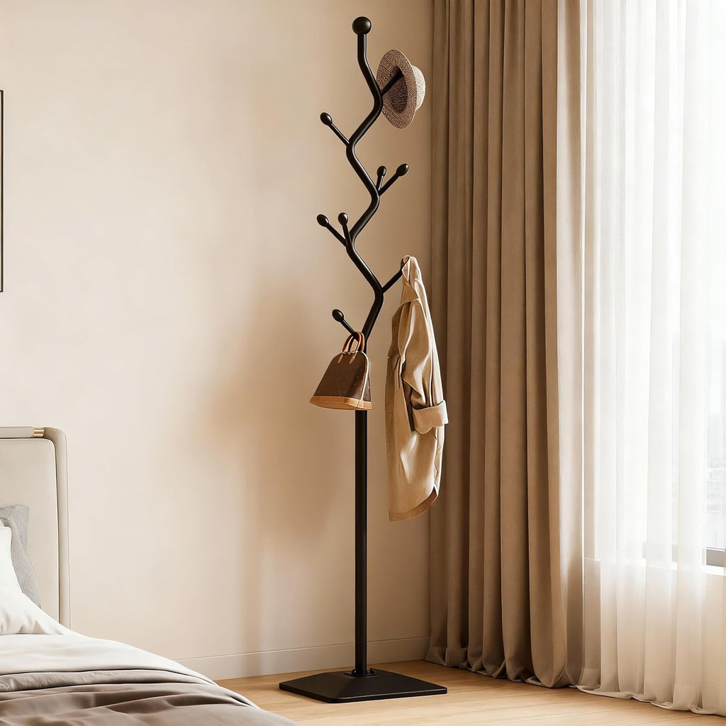 Sturdy Metal Coat rack Tree – Anti-Tip Design with 8 Hooks, Perfect for Home, Dorm, or Office Organization (black)