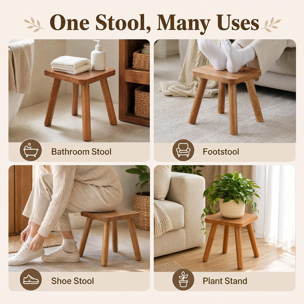9.5 Inch Small Wooden Stool, Natural Wood Foot Stool with Non Slip Pads, Compact Square Stool for Bathroom Bedroom Entryway Plant Stand Shoe Changing