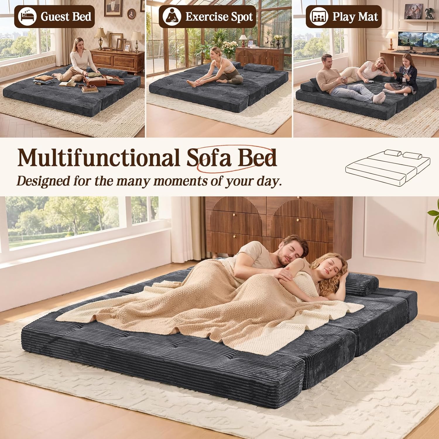 78.7IN Folding Sofa Bed - Convertible Sleeper Sofa Couch with Zippered Pillows, 3 Seater Couches Bed for Living Room, Bedroom, Apartment, No Assembly Required, Freestanding, Corduroy, Gray