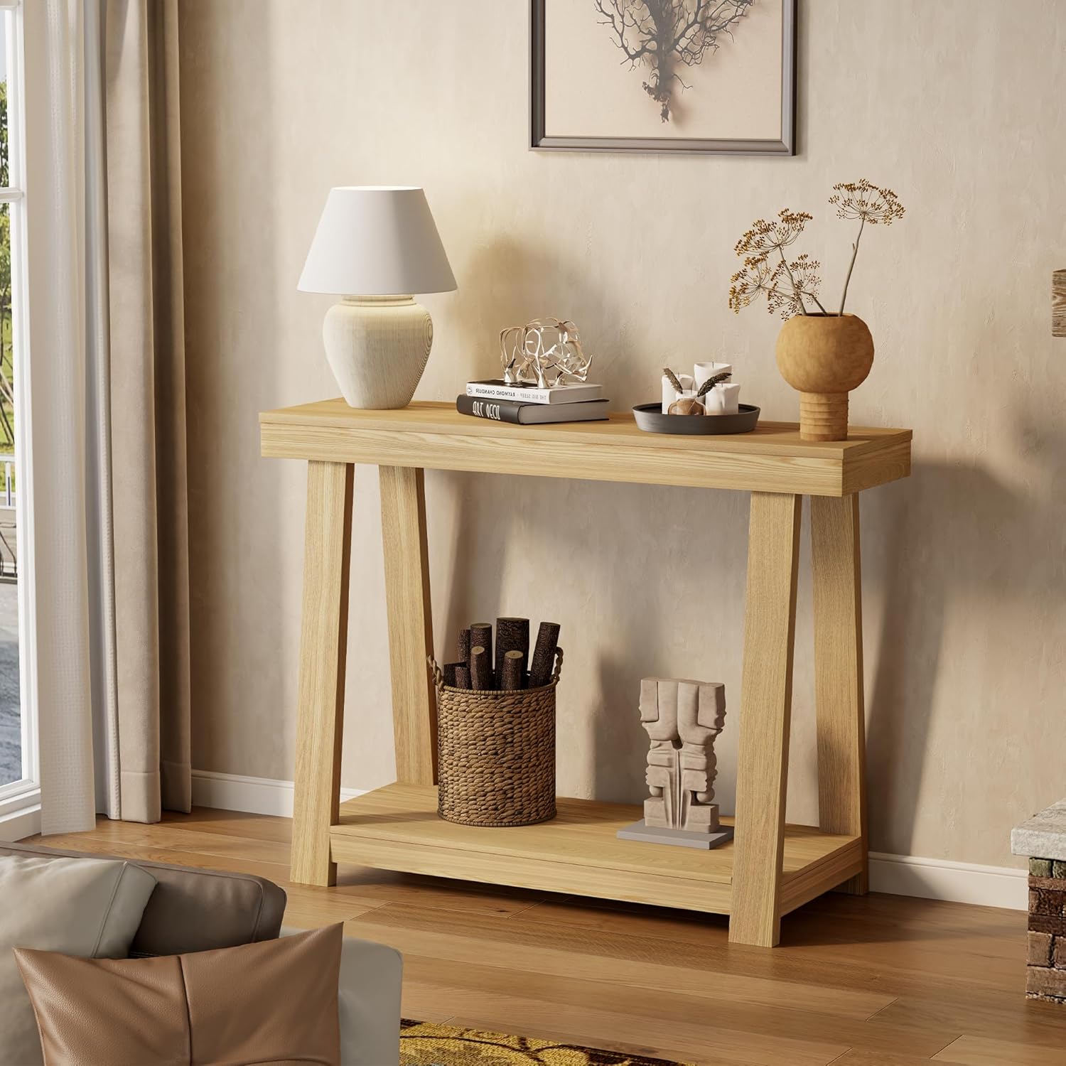 43.5" Narrow Console Table, 500LB 2-Tier Wood Grain Entryway Table, 15-Min Easy Assembly for Hallway, Foyer, Small Apartment & Bedroom, Oak