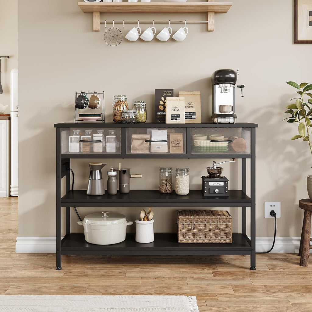 Lulive 2 Pack Entryway Table with Outlets, 3 Fabric Drawers, 43in | 43.3"W x 11.8"D entry table with 2 outlets, 2 USB ports, swappable plug side, adjustable feet and anti-tip kit.