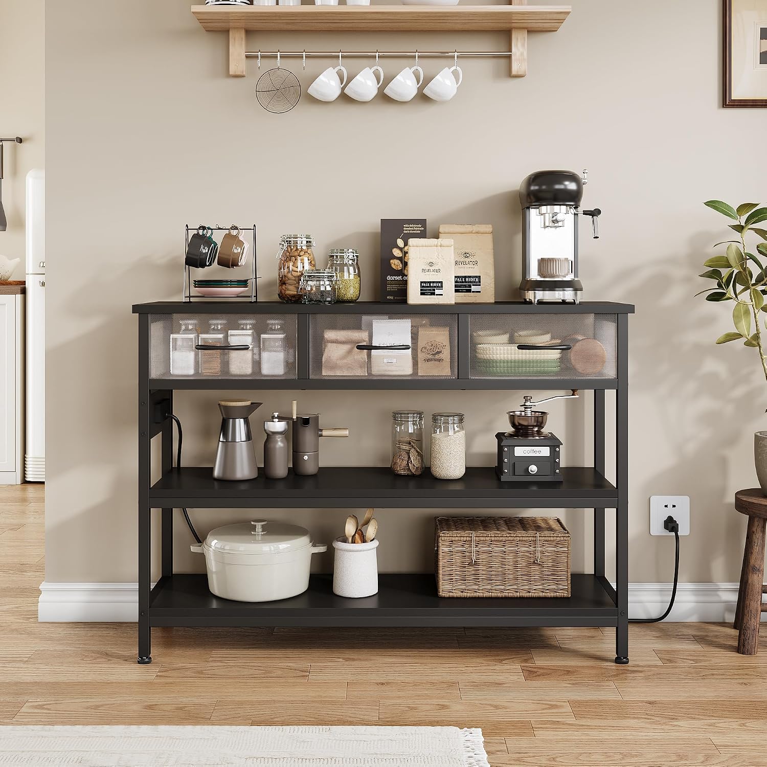 Lulive 2 Pack Entryway Table with Outlets, 3 Fabric Drawers, 43in | 43.3"W x 11.8"D entry table with 2 outlets, 2 USB ports, swappable plug side, adjustable feet and anti-tip kit.