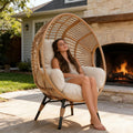 Indoor Outdoor Wicker Egg Chair, 400lbs Capacity, 8-Inch Cushion, Ergonomic Seat Balcony Chairs(Natural)
