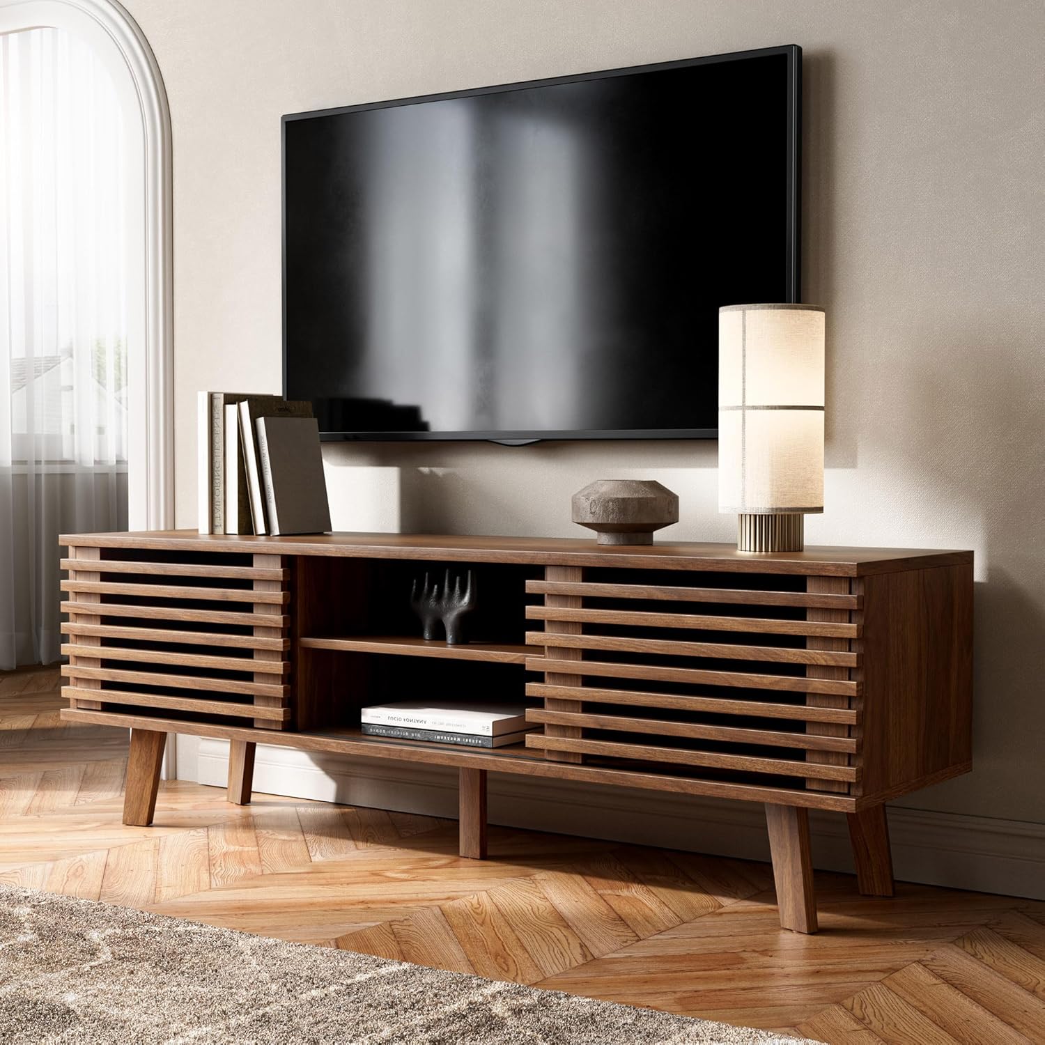 Furniway Living Room Table Sets of 2, Mid Century Coffee Table and TV Stand, Wood Coffee Table with Storage, Modern TV Stand for Bedroom, Living Room, Walnut