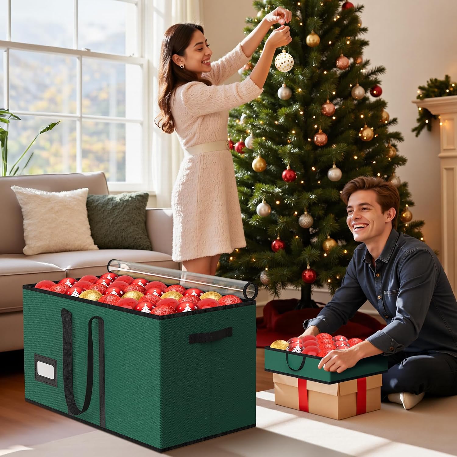 Christmas Ornament Storage Box Store 128-3" Ornaments, Ornament Organizer Storage box with Dual Zipper Closure Visual Cover & Adjustable Dividers, Holiday Decorations Storage Container with 8 Trays