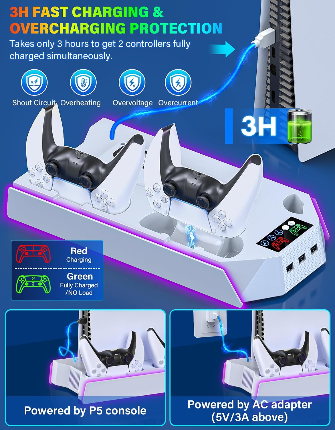 PS5/PS5-Slim-Cooling-Station-with-Controller-Charging-Station for Playstation 5 Console Disc/Digital, LED Light Cooling Stand with Cooler Fan for PS5 Accessories with 3 USB Hubs/Headset Holder