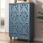 Jiansu furni Buffet Sideboard Cabinet with Hand-Carved Doors,Tall Storage Cabinet for Dining Room, Vintage Wood Accent Cabinet with Shelves, Slim Floor Cupboard for Kitchen & Entryway(Blue & Walnut)