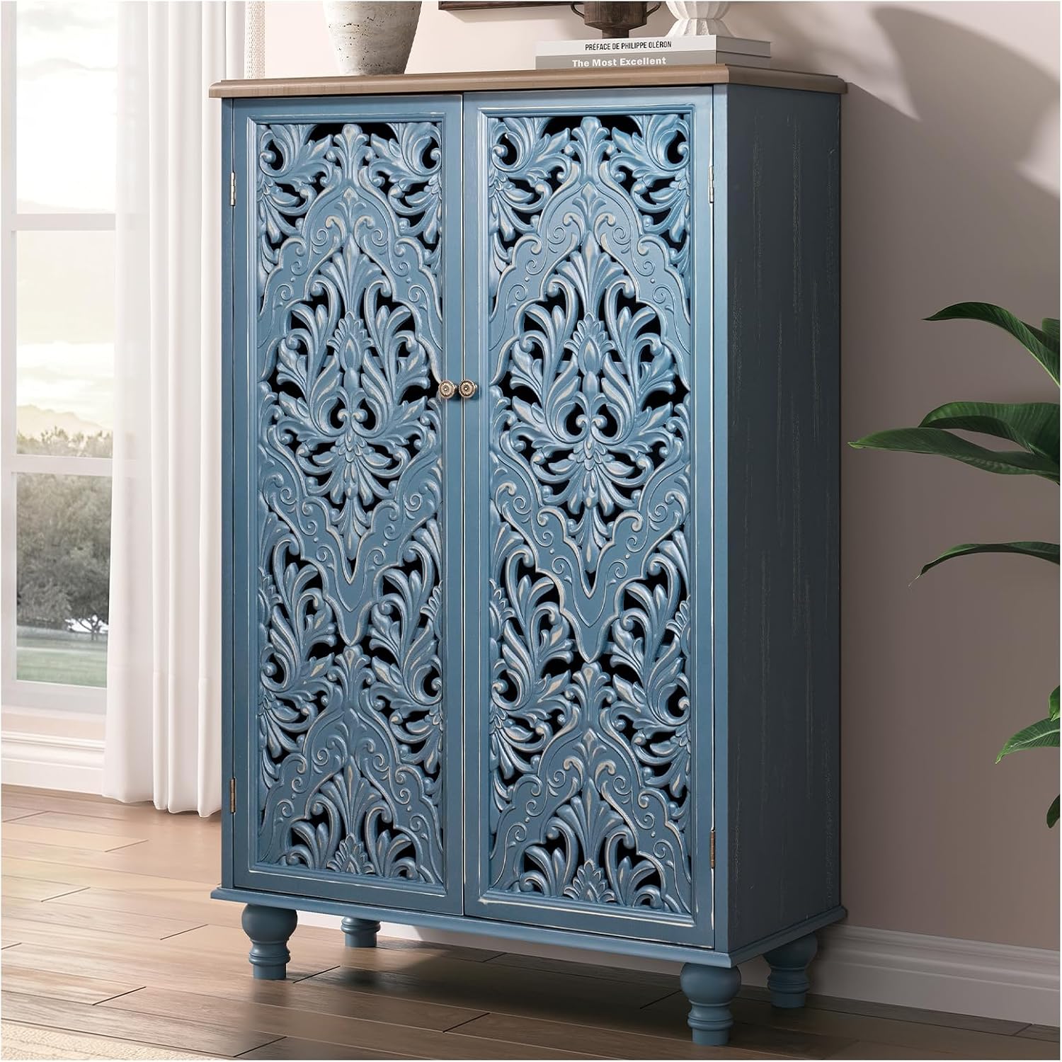 Jiansu furni Buffet Sideboard Cabinet with Hand-Carved Doors,Tall Storage Cabinet for Dining Room, Vintage Wood Accent Cabinet with Shelves, Slim Floor Cupboard for Kitchen & Entryway(Blue & Walnut)