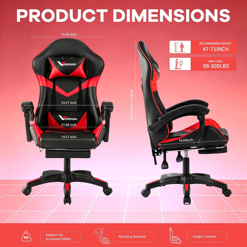 Gaming Chair, Ergonomic Reclining Computer Chair for Adults, with Footrest and Lumbar Support, 360° Swivel, for Office Gaming Home Use, Red & Black