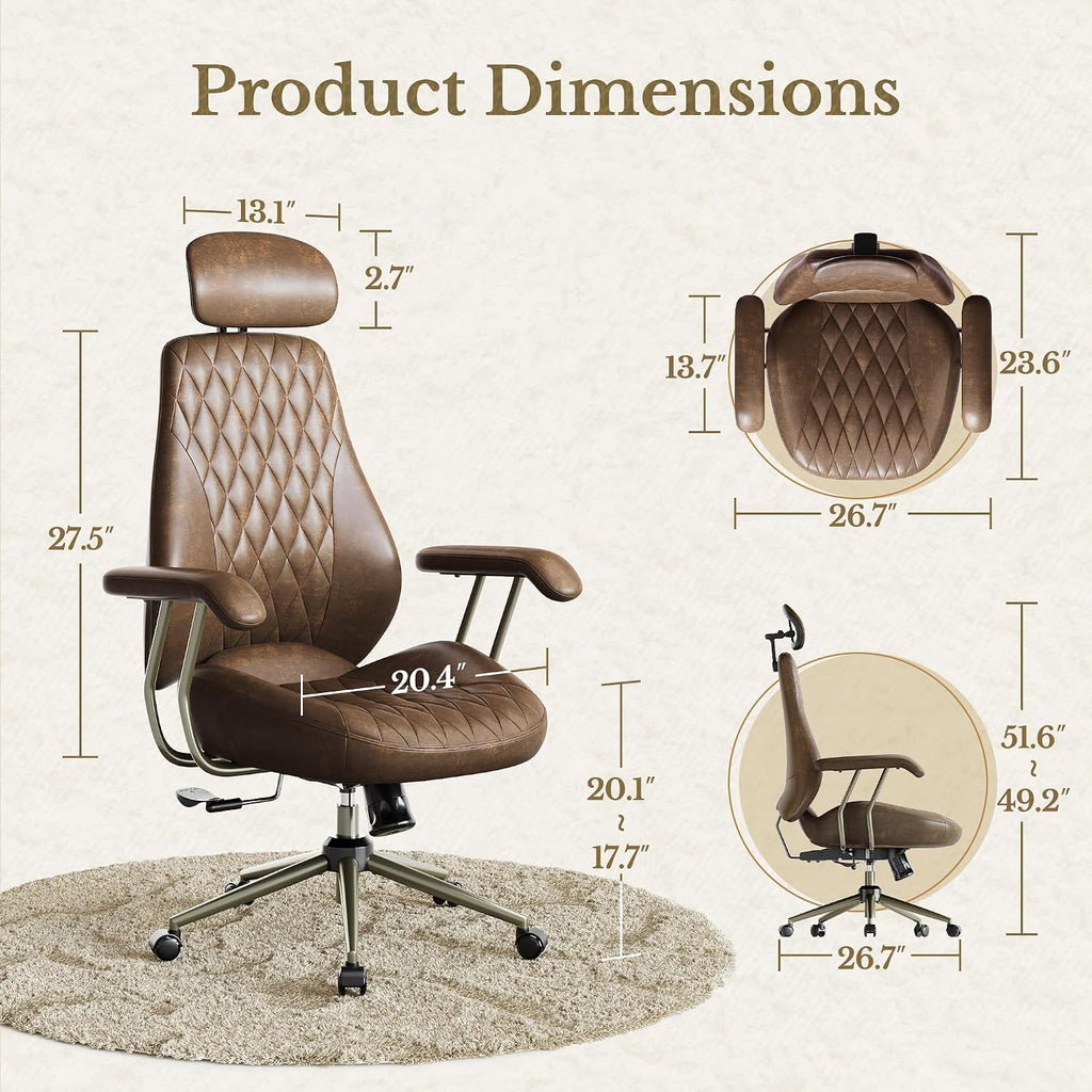 High Back Office Chair with Lumbar Support - Ergonomic Executive Desk Chair, Adjustable Swivel Computer Chair in Premium Faux Leather for Home Office Comfort, Brown