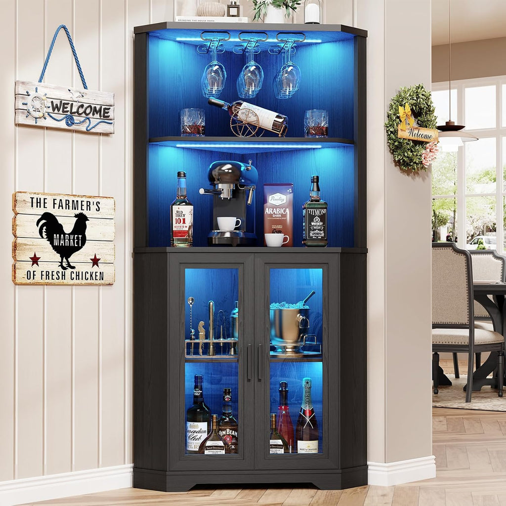 Corner Bar Cabinet with LED Lights, 65" Tall Wine Cabinet with Glass Holder & Tempered Glass Door, 4-Tier Liquor Alcohol Cabinet & Coffee Bar with Human Body Sensor for Dining Room, Black