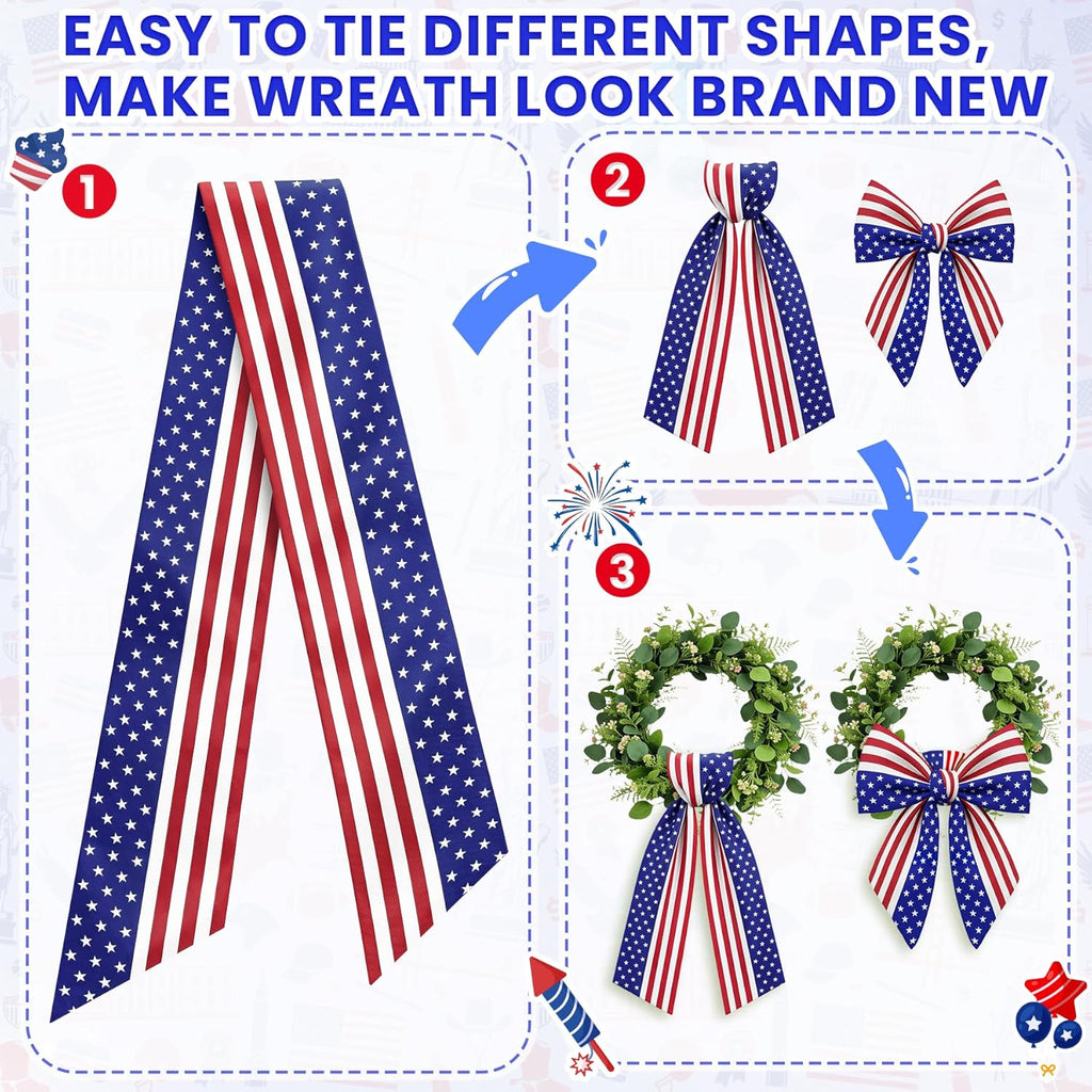 Patriotic Wreath Sash, 56 Inch Red and White Stripes White Blue Stars Front Door Wreath Sash for Holiday Indoor Outdoor Decorations, 1 Pcs