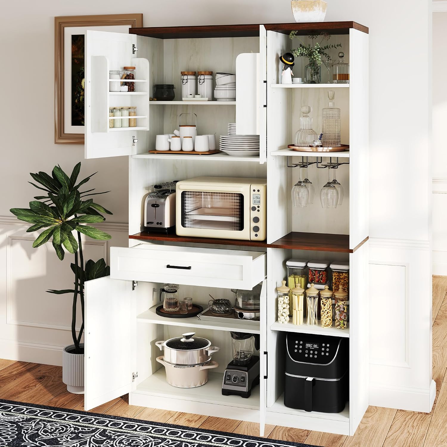 71" Kitchen Pantry Cabinet with Charging Station & LED Light,Freestanding Buffet Storage Cabinets with Adjustable Shelves,Farmhouse Kitchen Hutch with Microwave Stand for Dining Room (White+Brown)