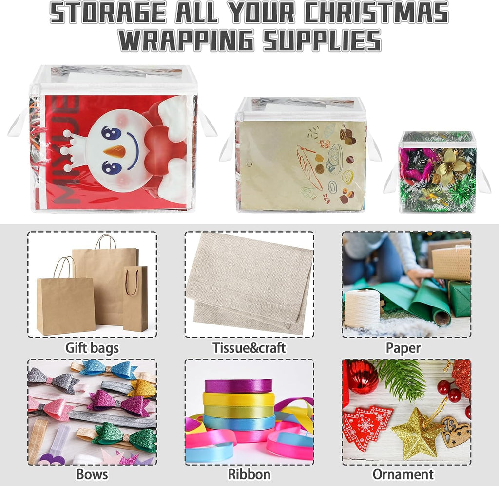 3 Pack Clear Zippered Gift Bag Storage Organizer with Handles,Organize Your Gift Wrap,Tissue Paper, Tape,Bow, Ribbon,Card,Ornament-Christmas Wrapping Supplies Storage Bag-3 Different Sizes（L+M+S)