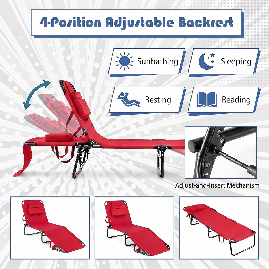 Goplus Tanning Chair, Folding Beach Lounge Chair with Face Hole, Removable Pillow, Carry Strap, Position Adjustable, Sunbathing Chair, Portable Outside Lounge Chair for Patio Pool (1, Red)