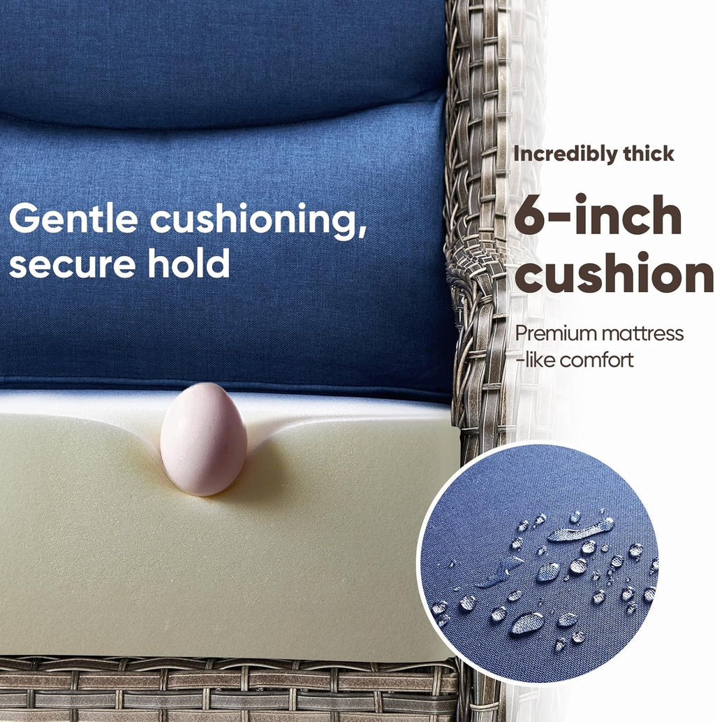 Swivel Patio Chairs sofa Set of 4 with 6" Thick Cushion - Wicker Outdoor Swivel Rocker Patio Chair ,Sofa/Glass coffee table, High Back Comfortable Outdoor Glider Chairs - Grey Wicker | Blue Cushions