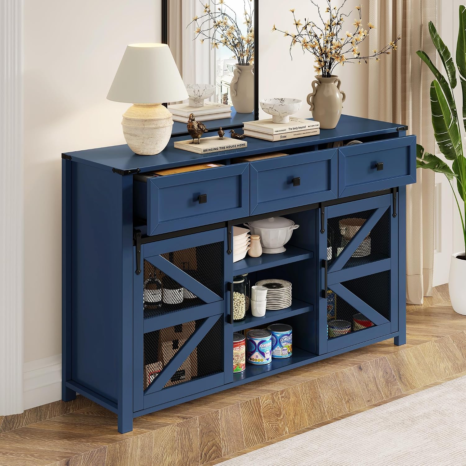 Virubi 55 in Sideboard Buffet Cabinet with Storage,Sliding Barn Doors,3 Drawers and Shelves,Farmhouse Coffee Bar Cabinet for Living Room,Hallway,Entryway,Navy Blue