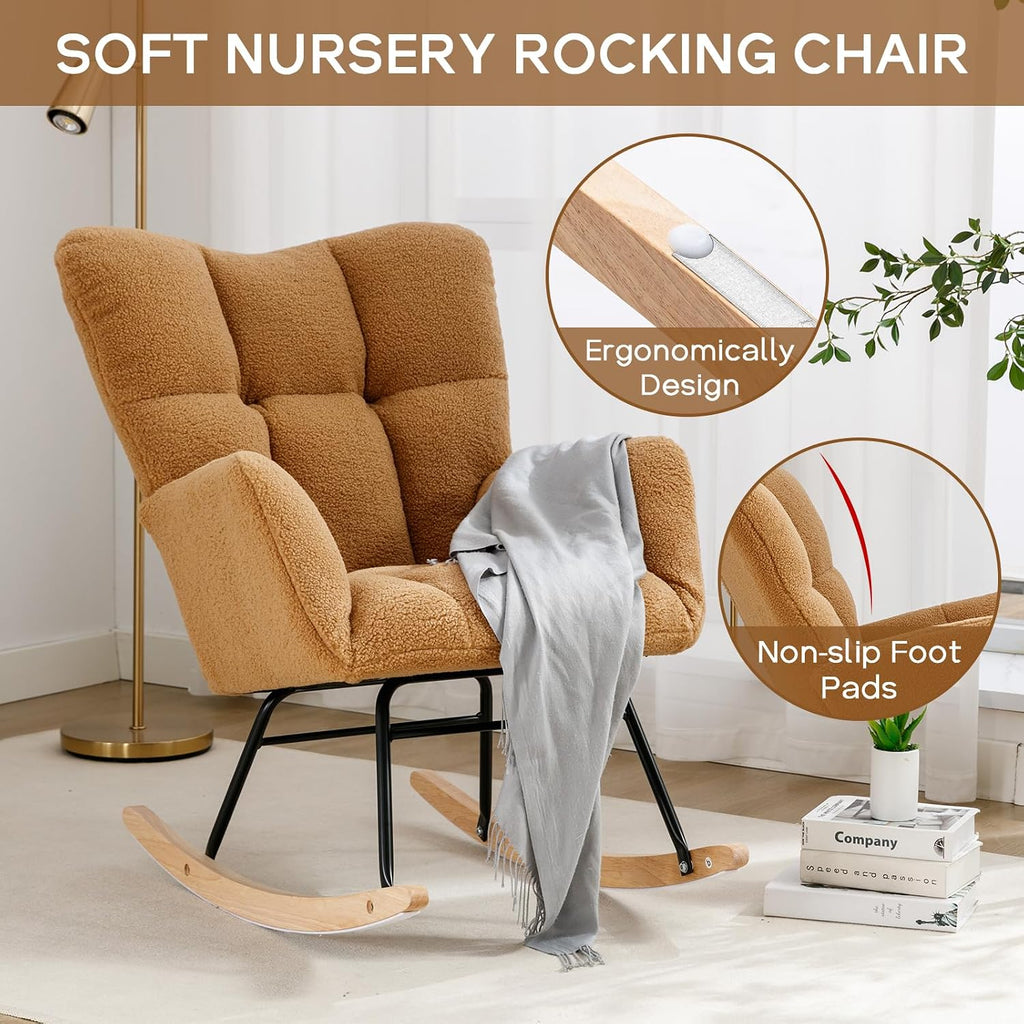 Modern Nursery Rocking Chair, Upholstered Glider Chair with High Backrest, Rocker Accent Armchair with Solid Wood Legs for Nursery Bedroom Living Room (Khaki Teddy)