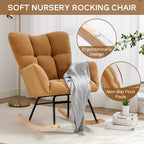Modern Nursery Rocking Chair, Upholstered Glider Chair with High Backrest, Rocker Accent Armchair with Solid Wood Legs for Nursery Bedroom Living Room (Khaki Teddy)