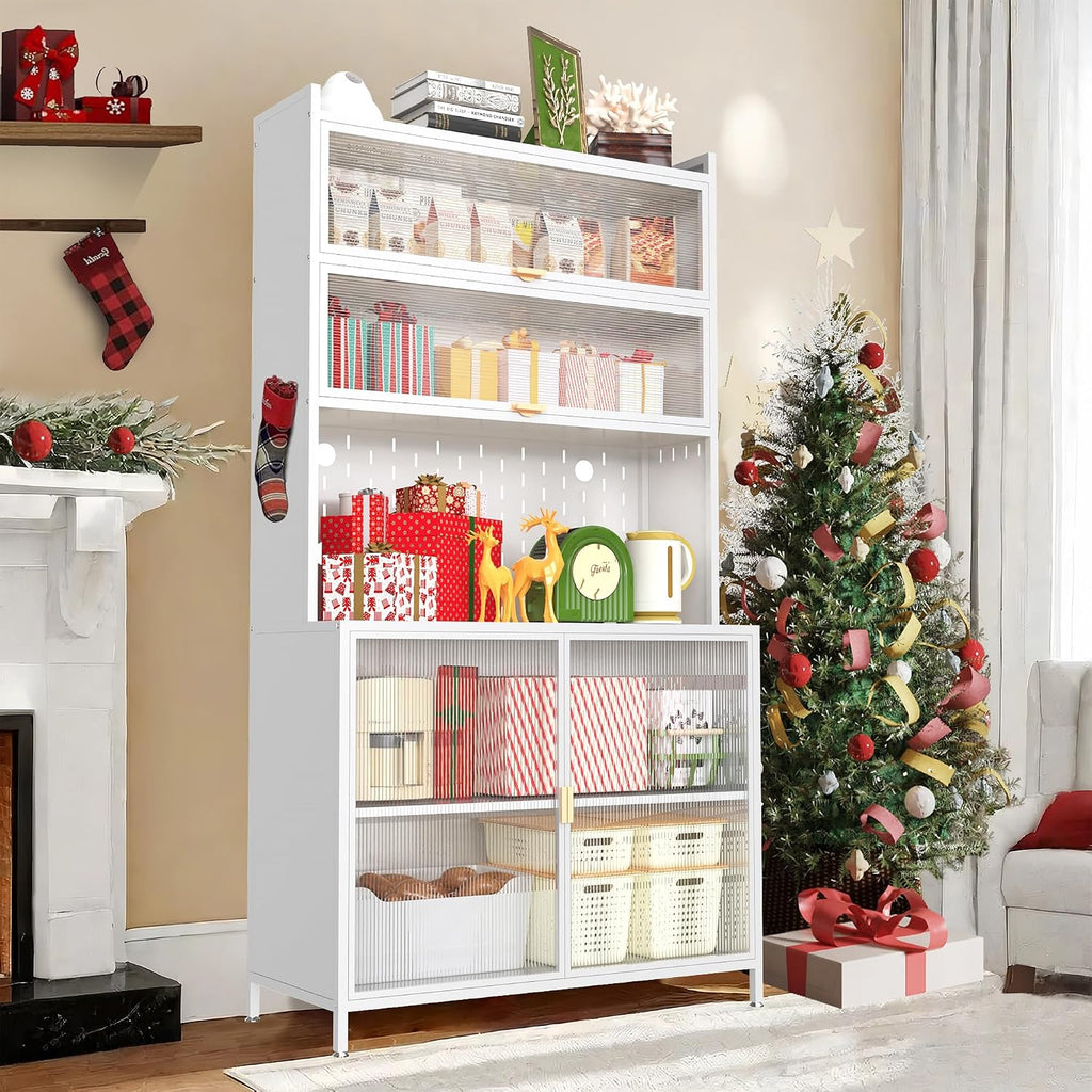 73" Metal Kitchen Pantry Cabinet with Flip Door - 6-Tier Storage Hutch with Pegboard, Adjustable Shelves - Freestanding Kitchen Storage Cabinet for Pantry Organization, Food, Dishes White (White)