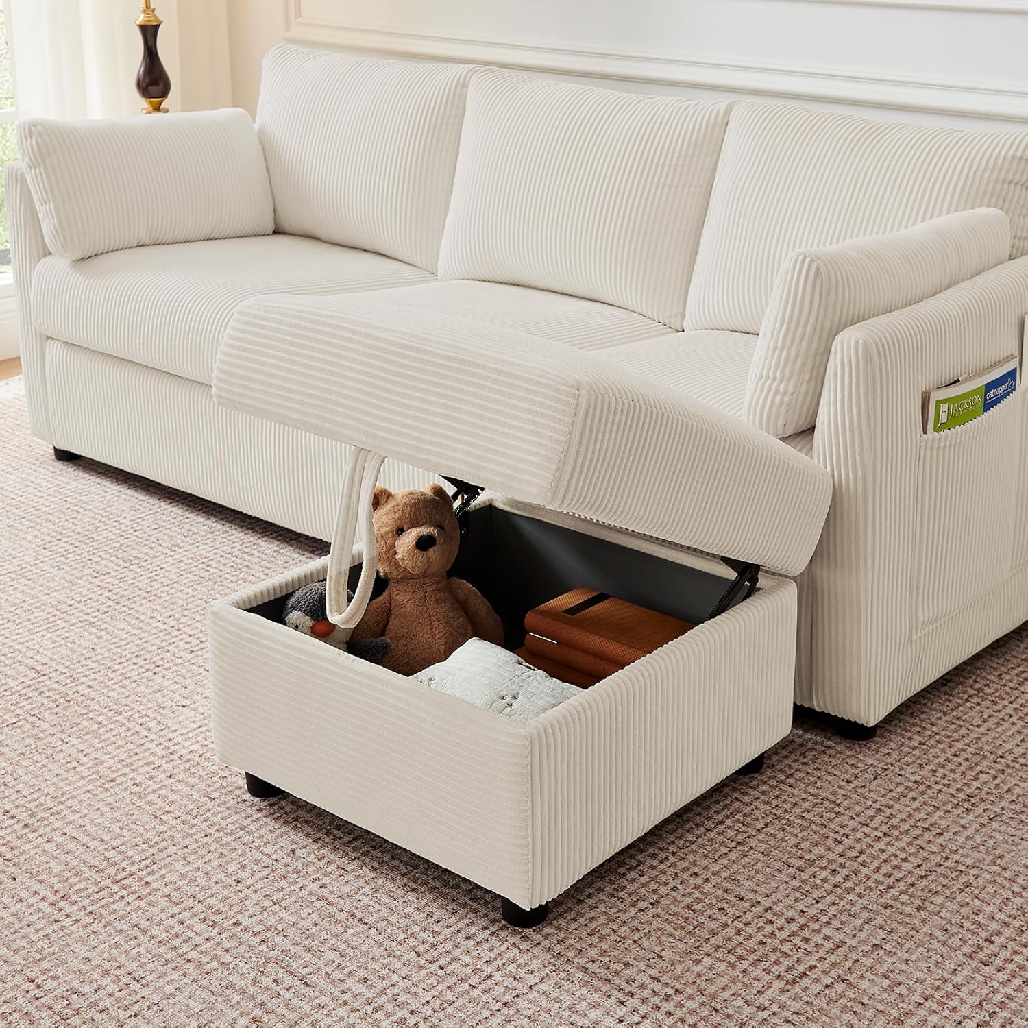 Corduroy Storage Ottoman for Living Room Sofas Couches, Square Ottoman with Storage Space Foot Rest Stool for Apartment, Dorm, Entryway, Beige