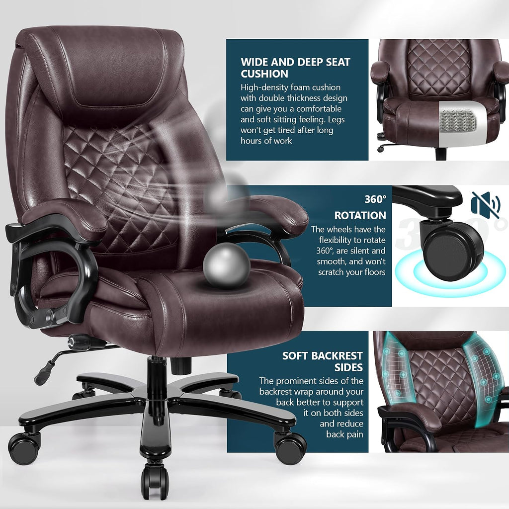 Big and Tall 500lbs Office Chair,Heavy Duty Large PU Leather Executive Desk Chair with Wide Seat, Adjustbale Ergonomic Lumbar Support High Back Rocking Computer Chair for Heavy People (Brown)