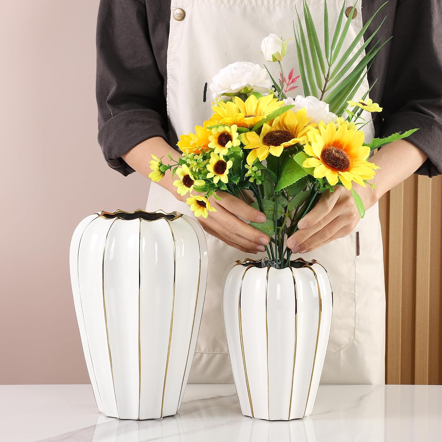 White Gold Ceramic Vase - Small Round Decorative Vase for Table Centerpieces, Wedding Decor, and Home (7.48 Inches Tall)