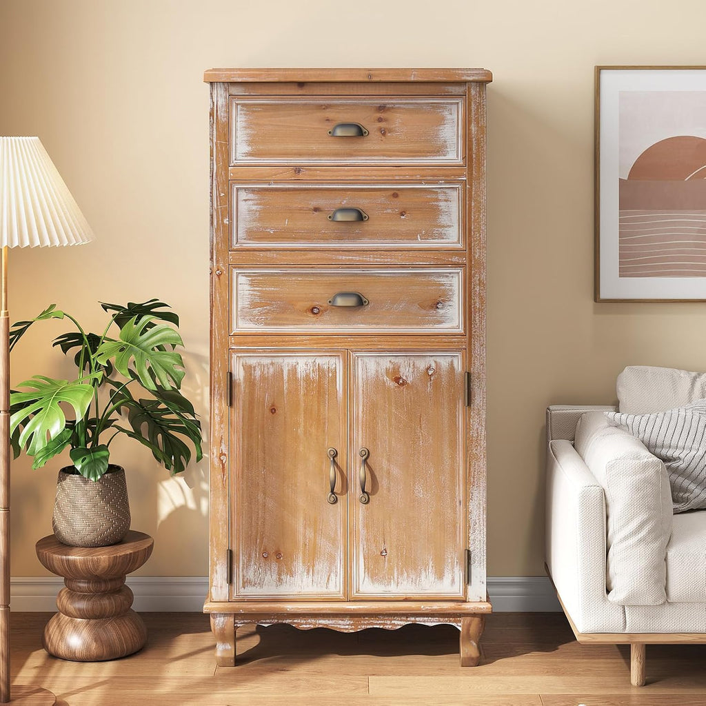 Rustic Tall Storage Cabinet - Distressed Solid Wood Frame Accent Cabinet with Textured Drawer Fronts, 3 Drawers & 2 Doors, Farmhouse Freestanding Floor Cabinet for Entryway, Living Room, Hallway