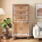 Rustic Tall Storage Cabinet - Distressed Solid Wood Frame Accent Cabinet with Textured Drawer Fronts, 3 Drawers & 2 Doors, Farmhouse Freestanding Floor Cabinet for Entryway, Living Room, Hallway
