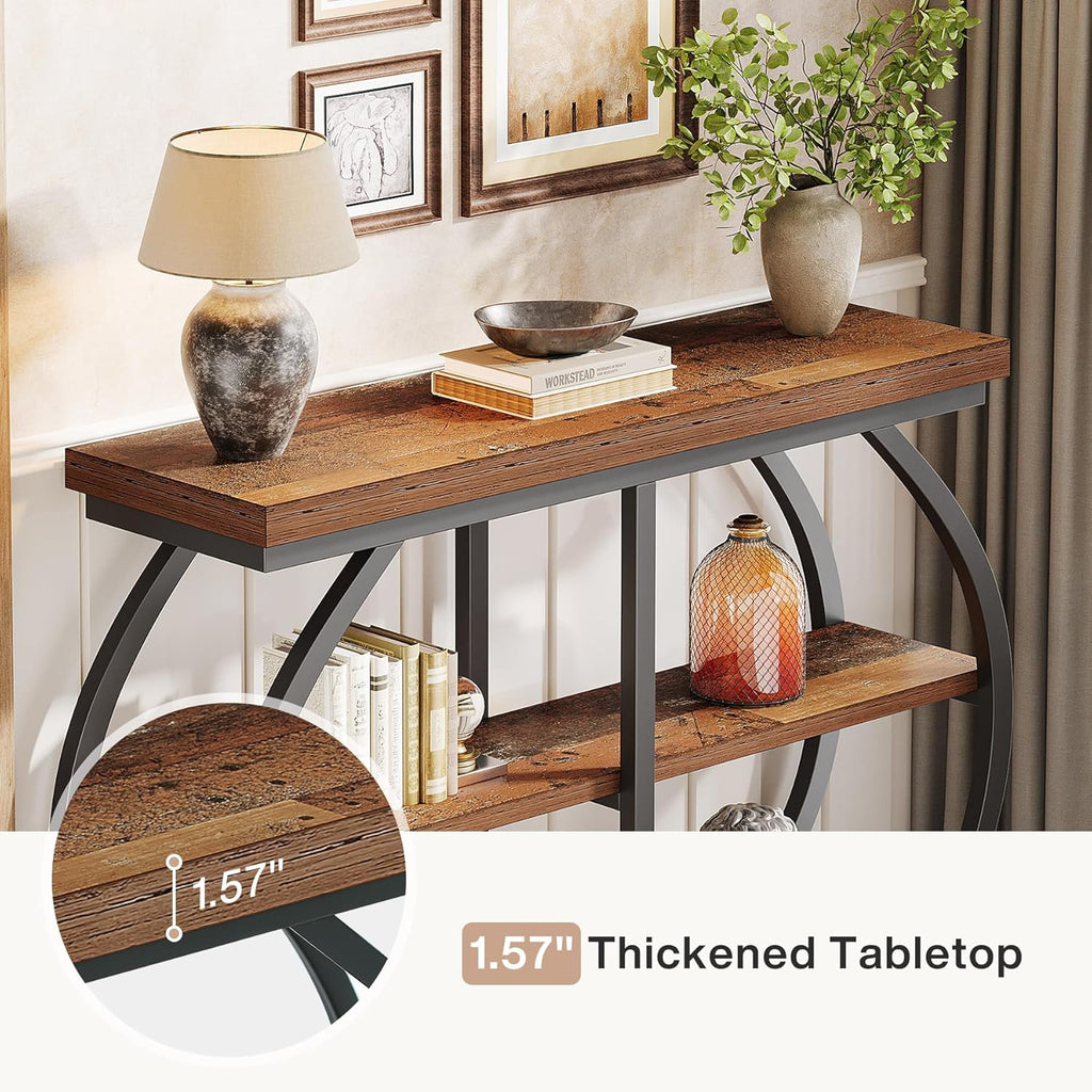 Tribesigns 41.3" Console Table, Industrial 3-Tier Entryway Table with Arched Metal Frame and Storage Shelves for Living Room, Hallway, Mix Brown