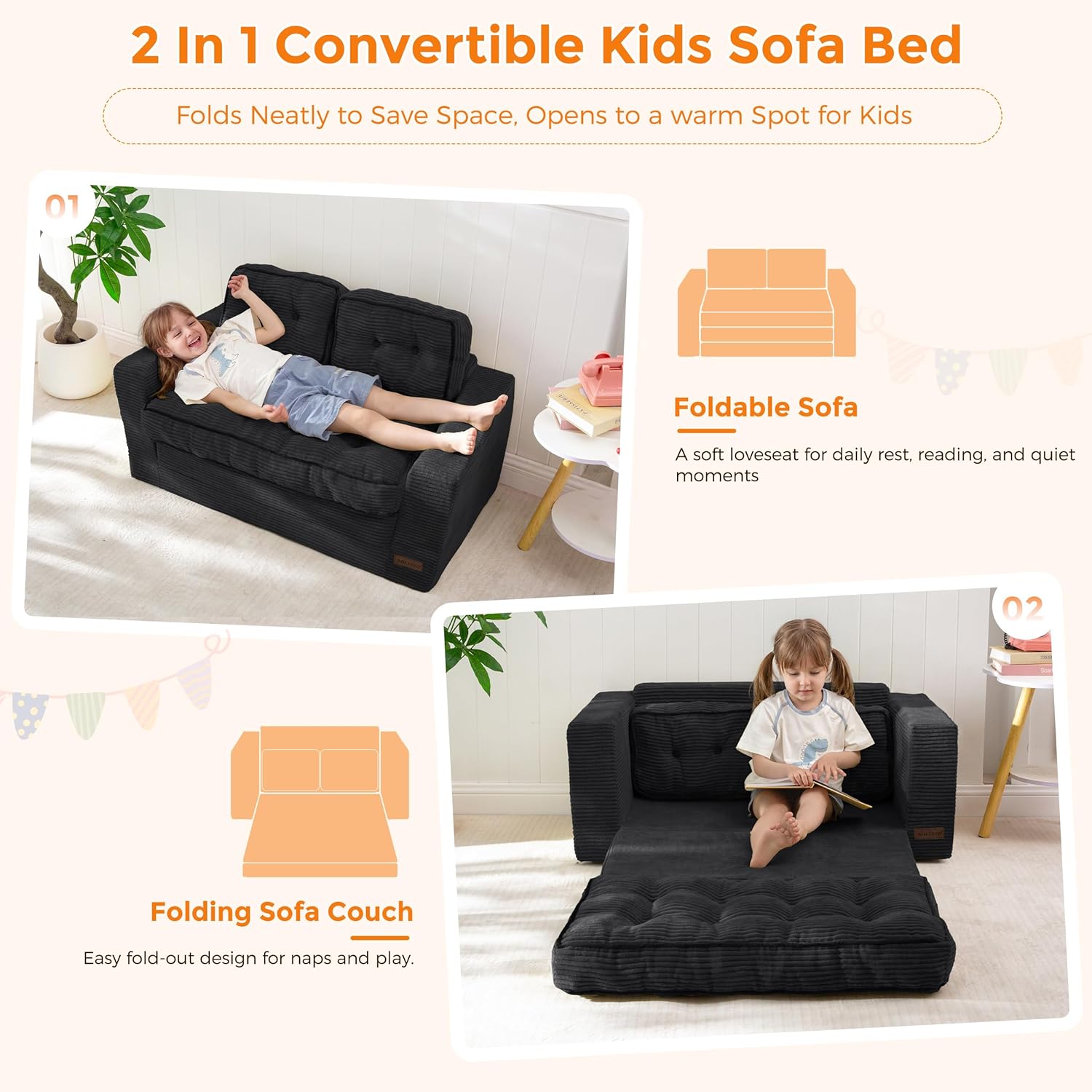 MAXYOYO Convertible Sofa Bed for Boys and Girls, Floor Kids Bean Bag Chair | Pull Out Folding Kids Sofa Chair, Comfy Kids Bean Bag Chair for Playroom, Gift for Children's Day & Birthday