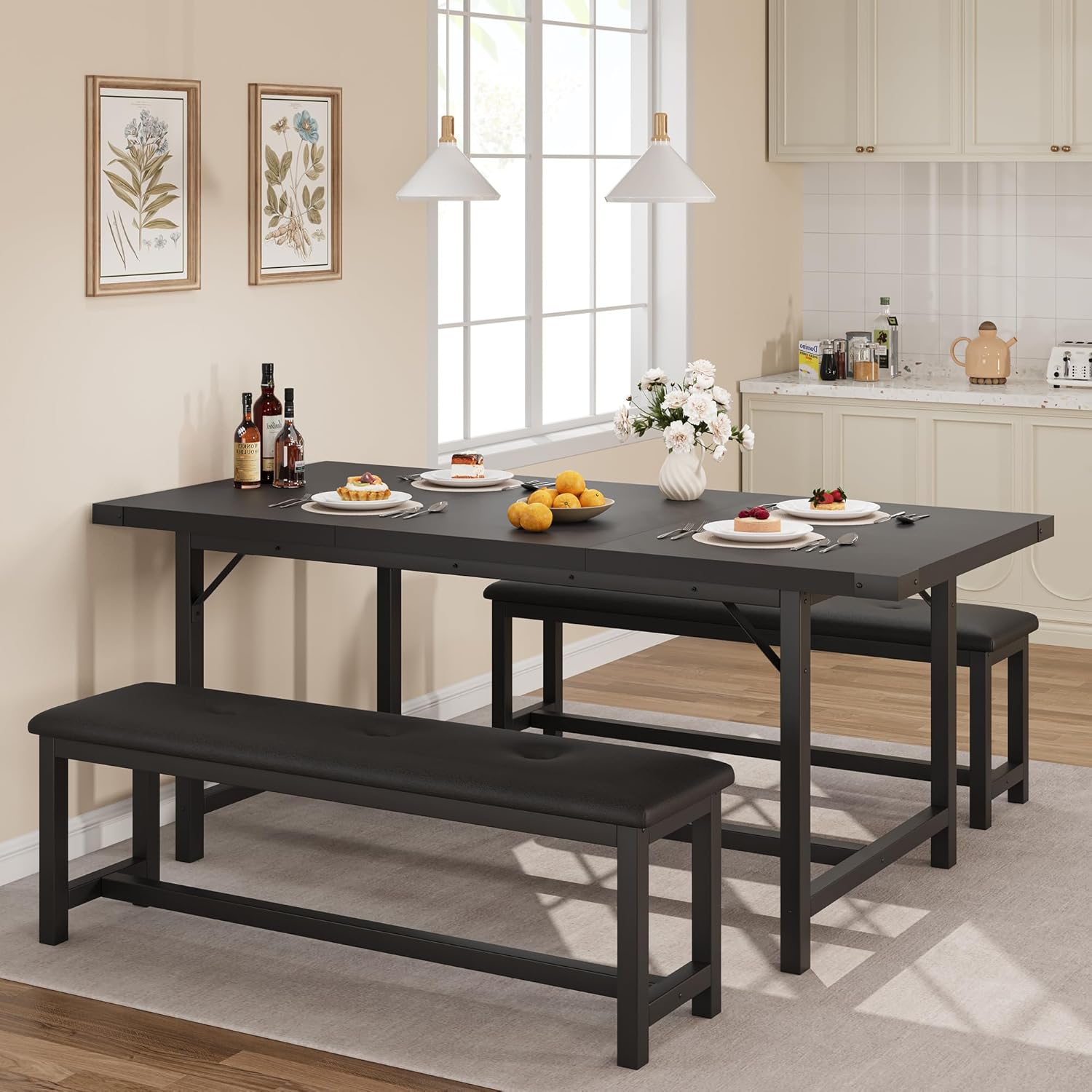 3-Piece Dining Table Set for 4-6 People, Extendable Kitchen Table Set with 2 Upholstered Benches, Dining Room Table Set for Apartment, Kitchen, Living Room, Black