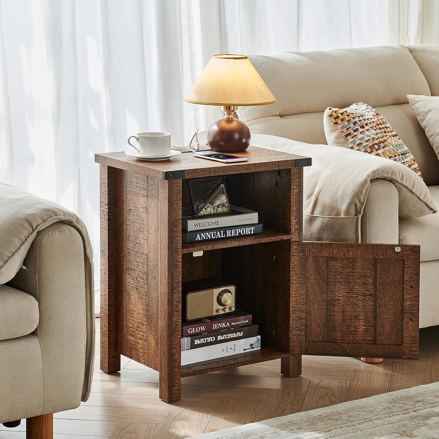 Joaxswe 18-Inch Nightstand with Charging Station and Fluted Door,Brown | 18-inch bedside table with AC and USB charging, open storage and a magnetic fluted door for bedroom essentials