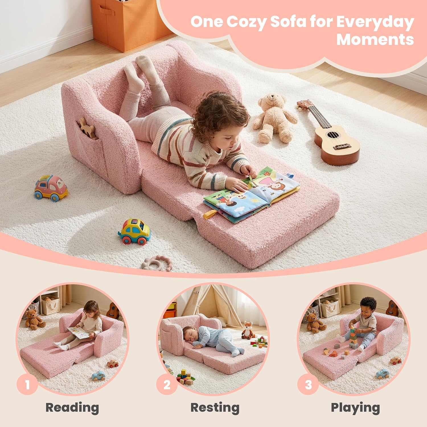 Toddler Couch 2-in-1 Fold Out Kids Sofa, Soft Comfy Lounger with Washable Cover Pocket, Kids Couch for Reading, Perfect for Bedroom, Playroom, Living Room, Gift for Girls Boys Age 1-3, Pink