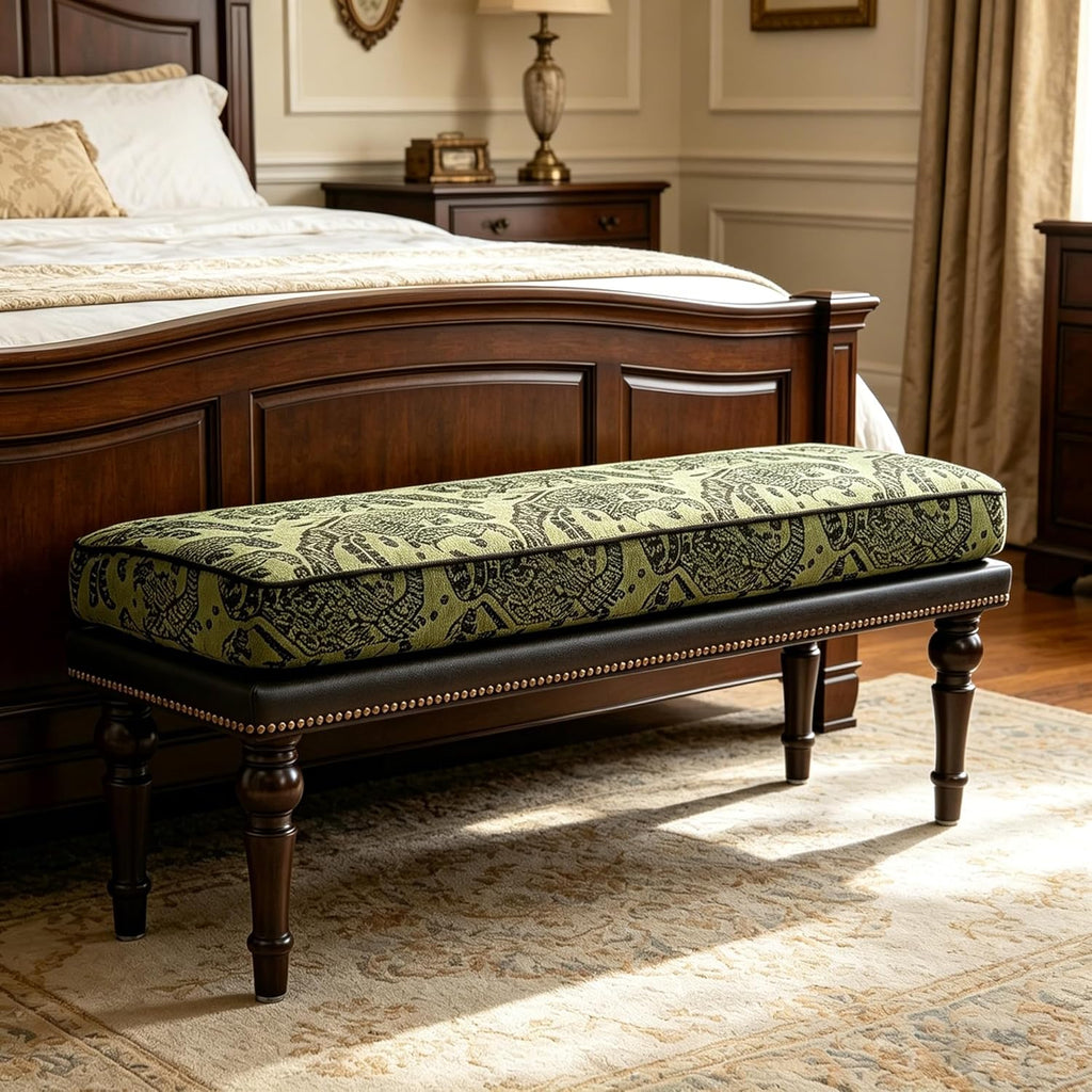 Forteek 47" End of Bed Bench, Traditional Upholstered Bedroom Bench with Removable Washable Jacquard Fabric Cover, Nailhead Trim, Vintage Accent Bench for Bedroom Living Room Entryway(Vintage Green)