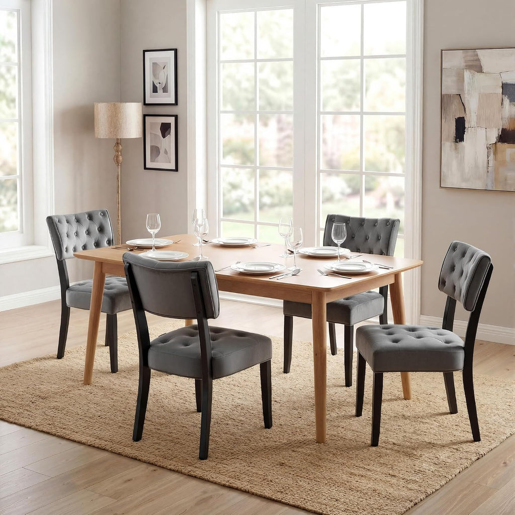 UVV Wooden Dining Chairs Set of 2, Mid Century Tufted Upholstered Kitchen Chairs Dining Room Chairs, Velvet Farmhouse Dinner Chair for Kitchen Dining Room, Dark Grey-Black Legs