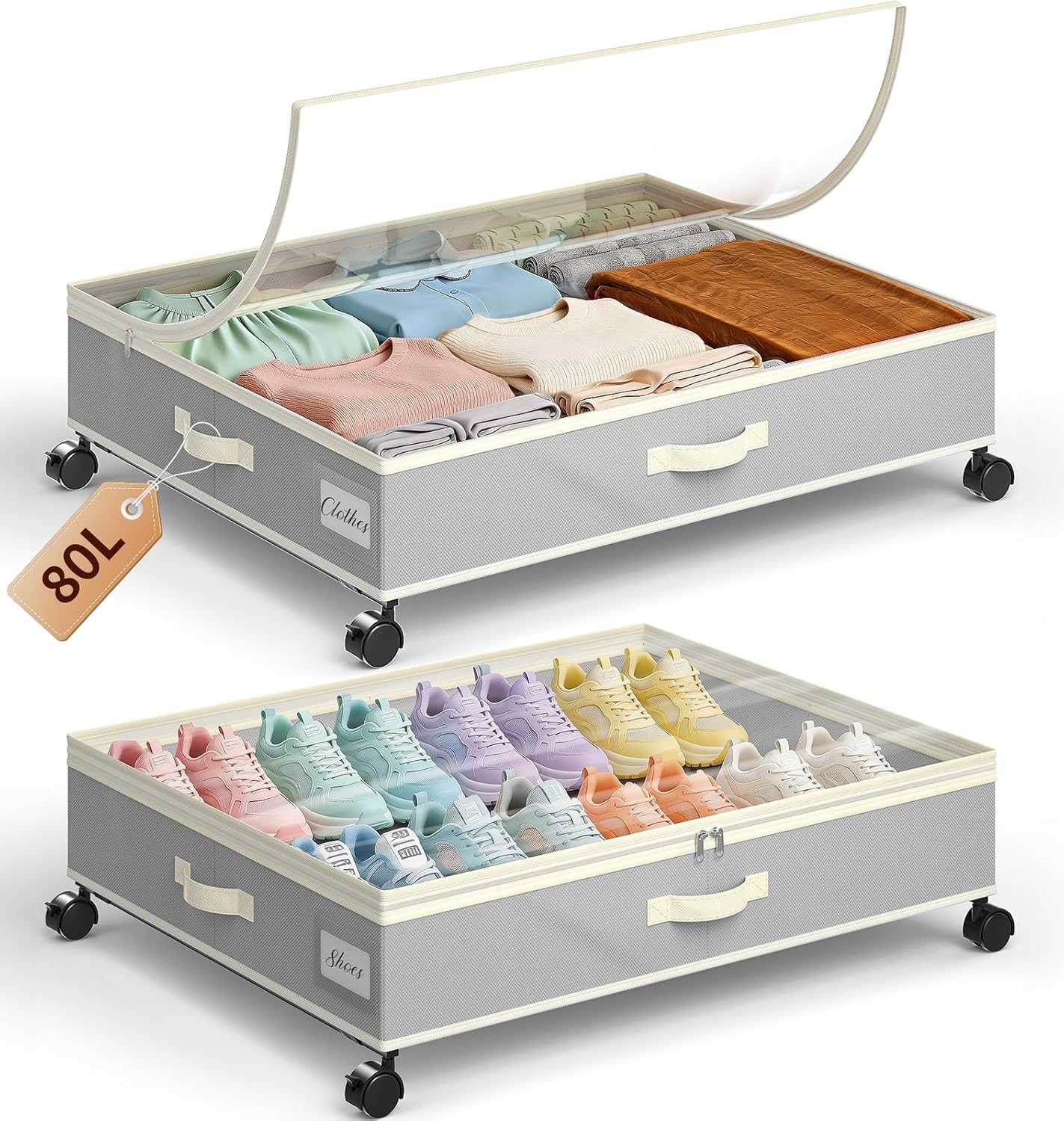 Yecaye 80L Under Bed Storage with Wheels, 2 Pack Under Bed Storage Containers with Lids for Clothes, Shoes and Blankets, Metal Rolling Underbed Storage Drawers for Bedrooms and Dorms, Grey