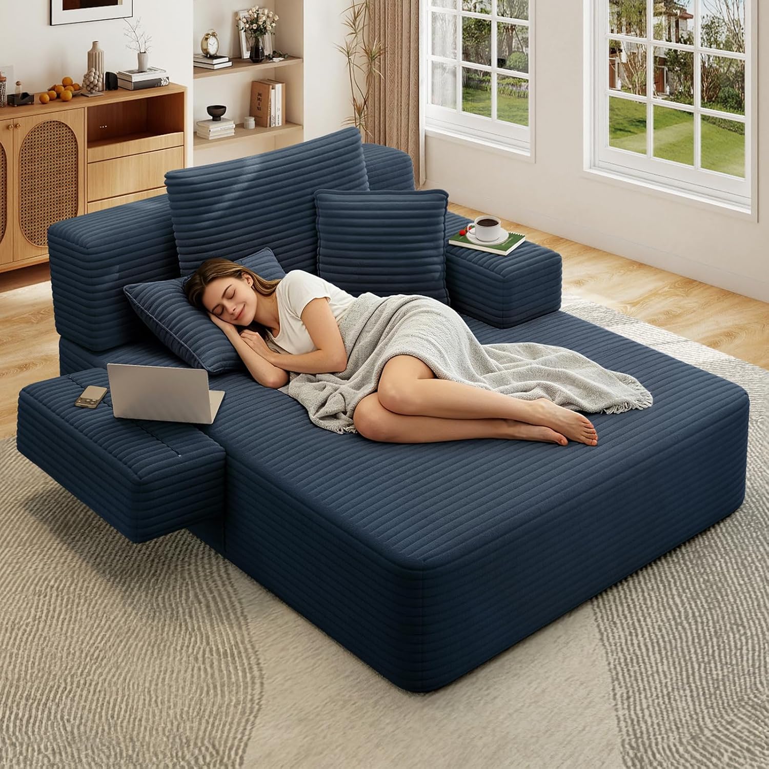 Boneless Chaise Lounge Chair Indoor, 60" Oversized Sleeper Couches W/Foldable Armrest Cloud Corduroy Upholstered Reading Chairs Floor Sofa Bed for Living Room No Assembly, Blue