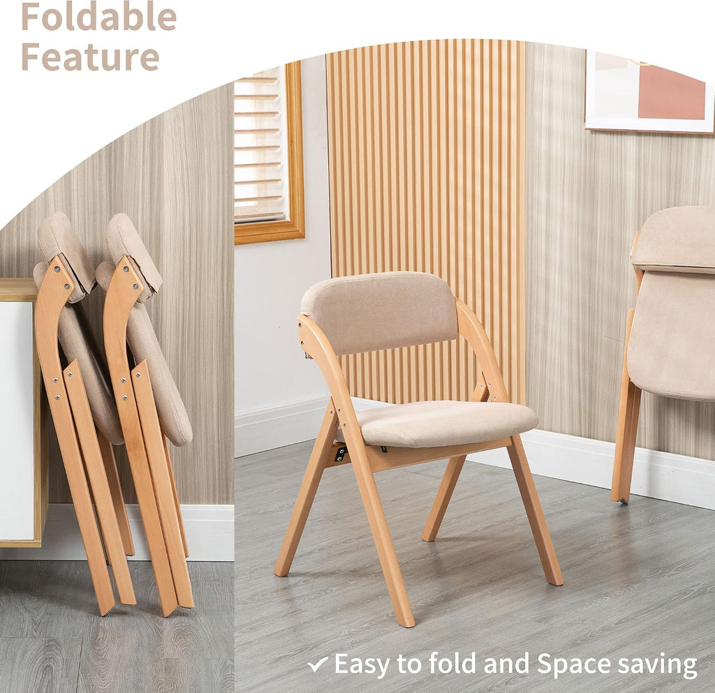HOMEFUN Folding Chairs with Padded Seats, Wooden Stackable Dining Chair Set of 2 with Removable Cover Extra for Guests Kitchen Office Wedding Party Picnic, Khaki