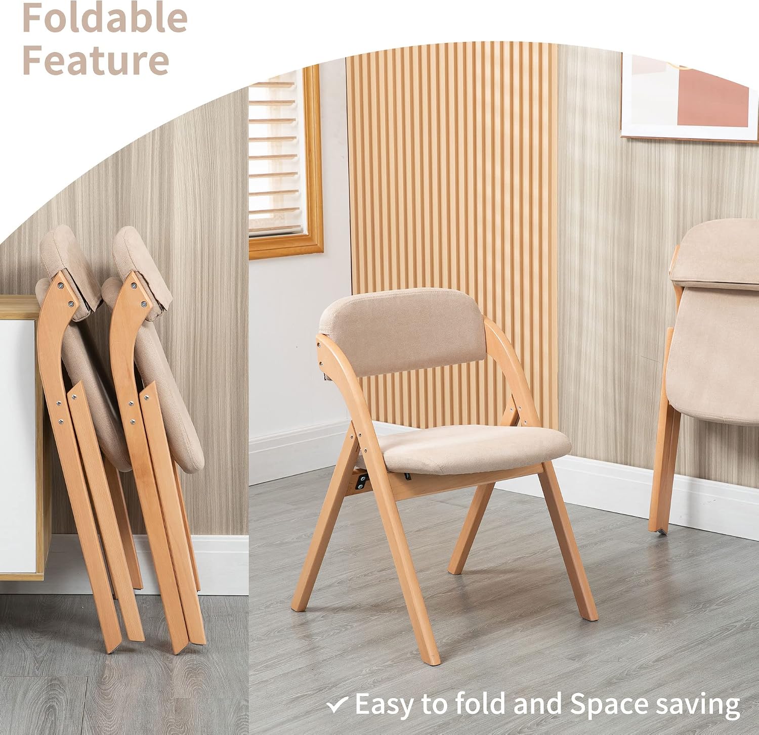 HOMEFUN Folding Chairs with Padded Seats, Wooden Stackable Dining Chair Set of 2 with Removable Cover Extra for Guests Kitchen Office Wedding Party Picnic, Khaki
