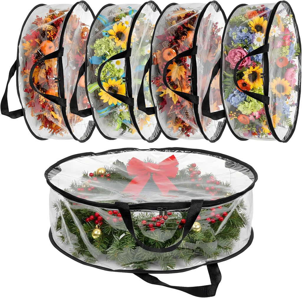 5 Pcs Wreath Storage Container, 24 x 8 Inch Clear Wreath Storage Bag with Handles Waterproof Christmas Garland Storage Holder for Xmas Seasonal