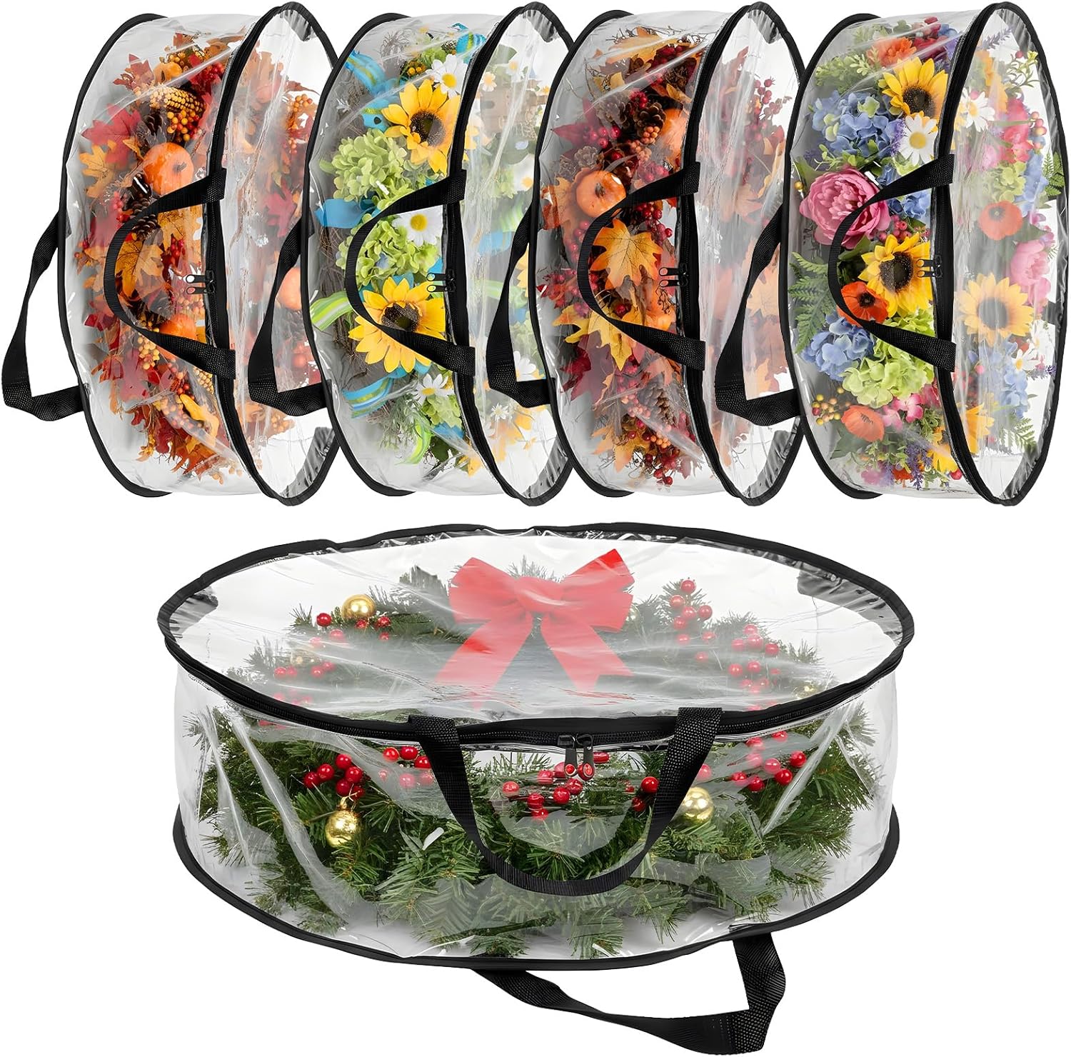 5 Pcs Wreath Storage Container, 24 x 8 Inch Clear Wreath Storage Bag with Handles Waterproof Christmas Garland Storage Holder for Xmas Seasonal